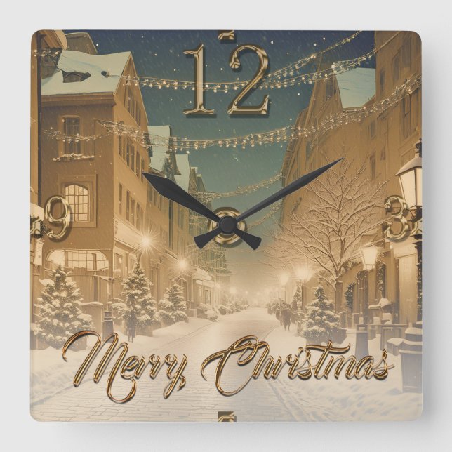 Snow-covered Christmas Streets in a Downtown Square Wall Clock (Front)