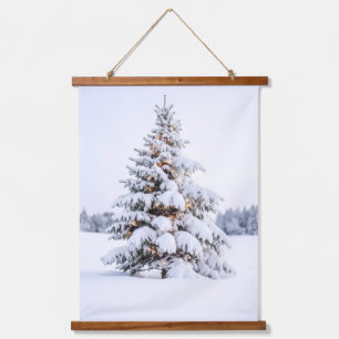 Snow-covered Christmas tree in winter landscape Hanging Tapestry