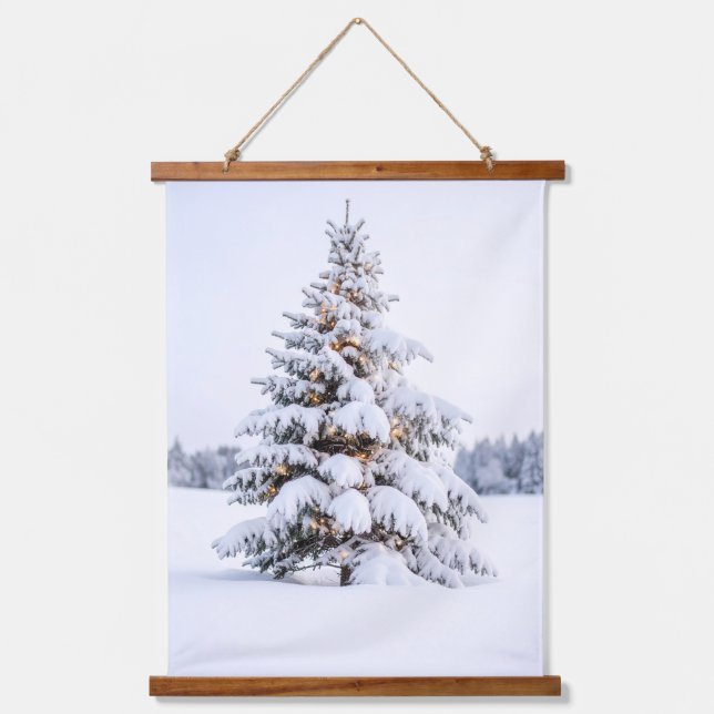 Snow-covered Christmas tree in winter landscape Hanging Tapestry (Front)