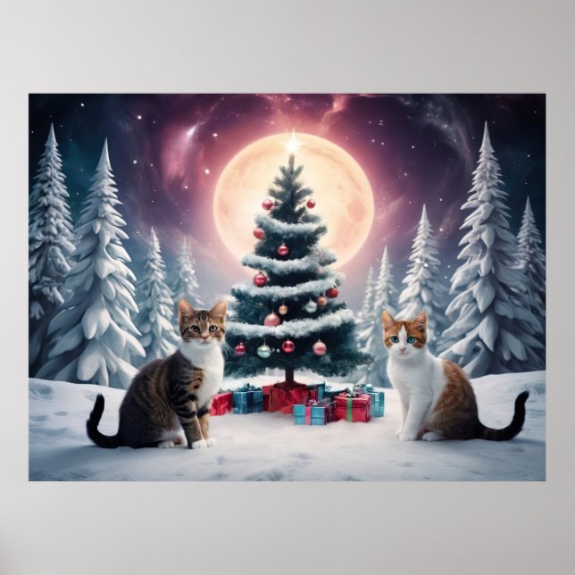 Snow Covered Christmas Tree with Cats Poster (Front)