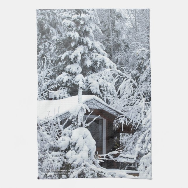 Snow Covered Cottage in the Gardens Tea Towel (Vertical)