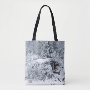 Snow Covered Cottage in the Gardens Tote Bag