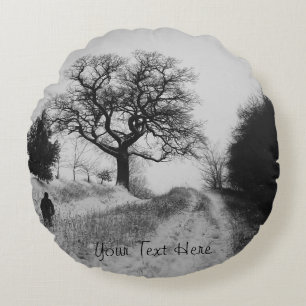snow covered country lane scenic atmospheric photo round cushion