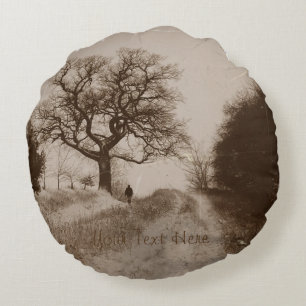 snow covered country lane scenic atmospheric photo round cushion