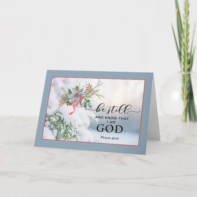 Snow Covered Evergreen Christmas Psalm 46:10 Bible Holiday Card (Front)