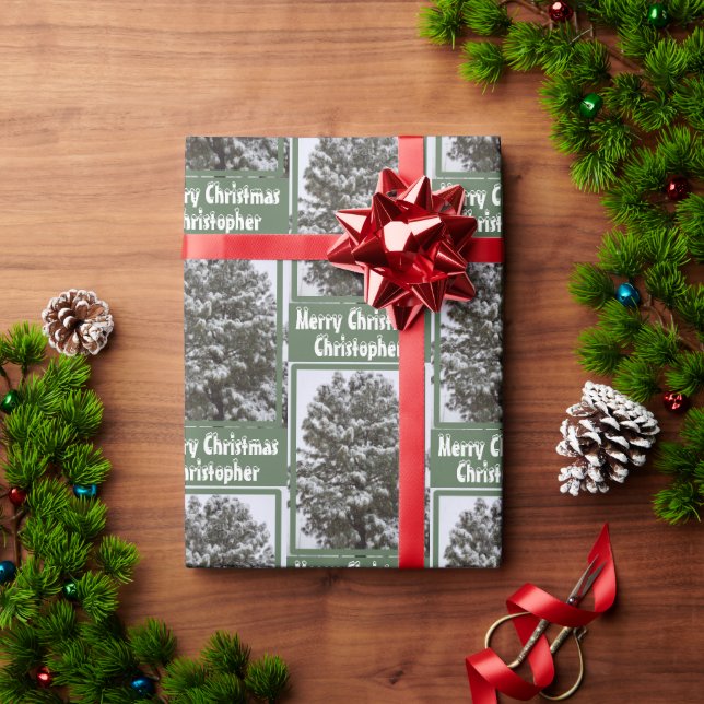 Snow Covered Evergreen Tree Photo Greeting Name Wrapping Paper (Holiday Gift)