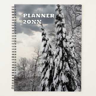 Snow-Covered Evergreen Trees Under Dramatic Winter Planner