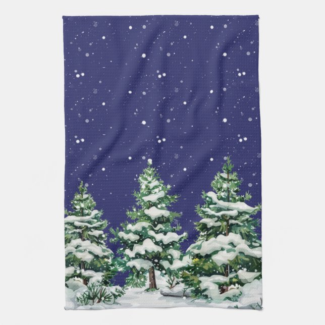Snow Covered Evergreen Trees with Snow Falling Tea Towel (Vertical)