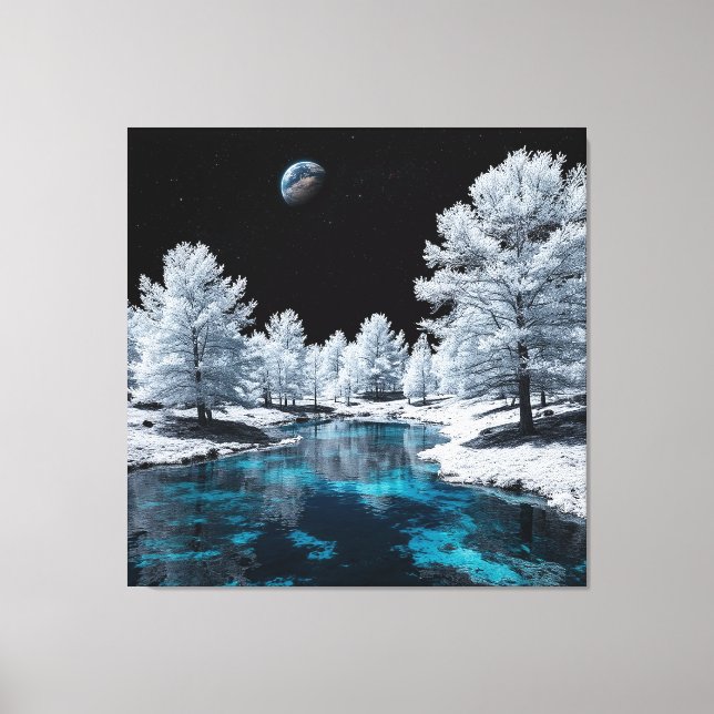 Snow-Covered Forest and Tranquil Lake Under Sky Canvas Print (Front)