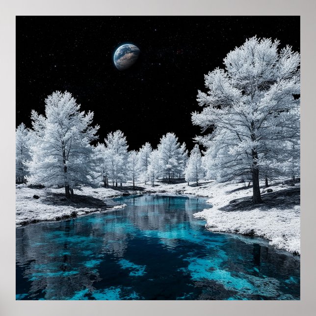 Snow-Covered Forest and Tranquil Lake Under Sky Poster (Front)