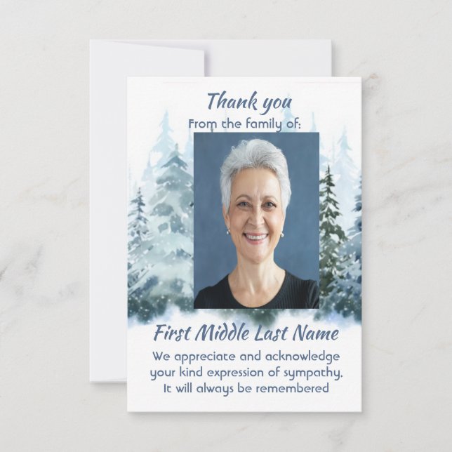 Snow Covered Forest Memorial Custom Thank you Card (Front)