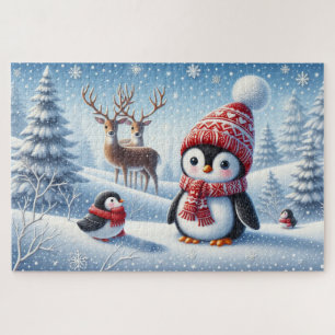 Snow covered forest with penguins and reindeer jigsaw puzzle