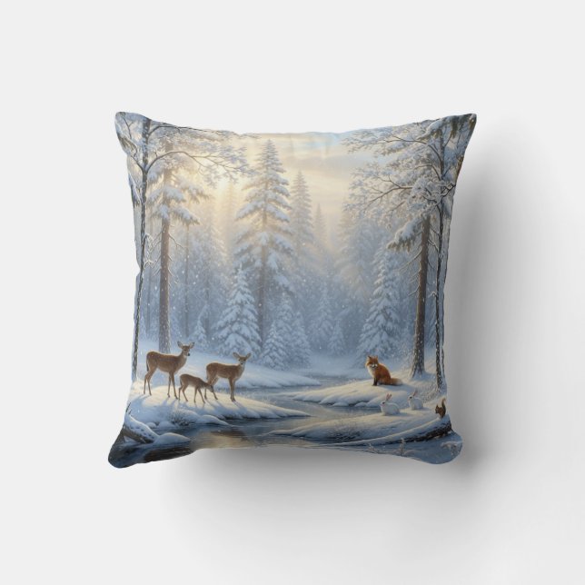 Snow Covered Forest with Woodland Wildlife Cushion (Back)