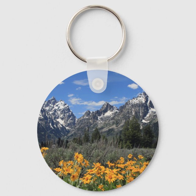 Snow Covered Grand Teton Range with Yellow Flowers Key Ring (Front)