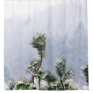 SNOW COVERED GREEN LEAF TREE SHOWER CURTAIN