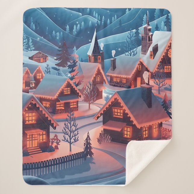 Snow-Covered Houses with Christmas Lights Sherpa Blanket (Front)