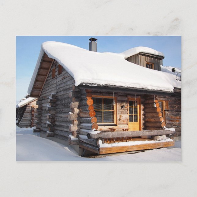 Snow-covered log cabin in Lapland postcard (Front)