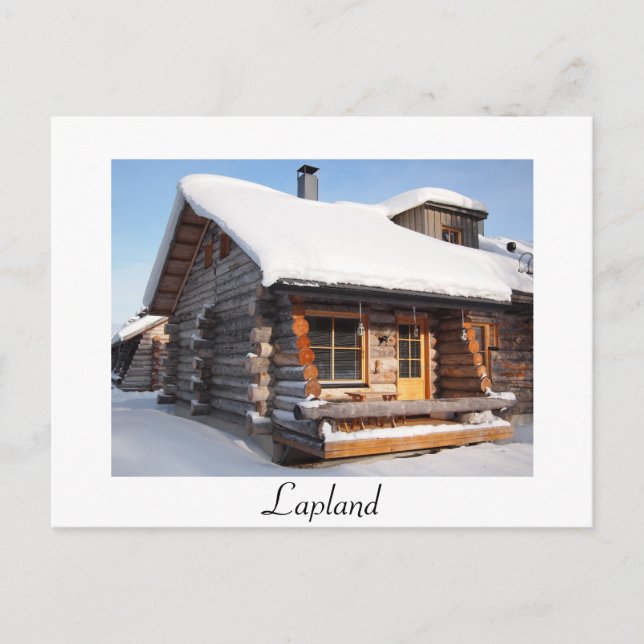 Snow-covered log cabin in Lapland white postcard (Front)