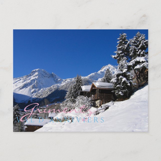 Snow-covered log cabins in Switzerland Postcard (Front)