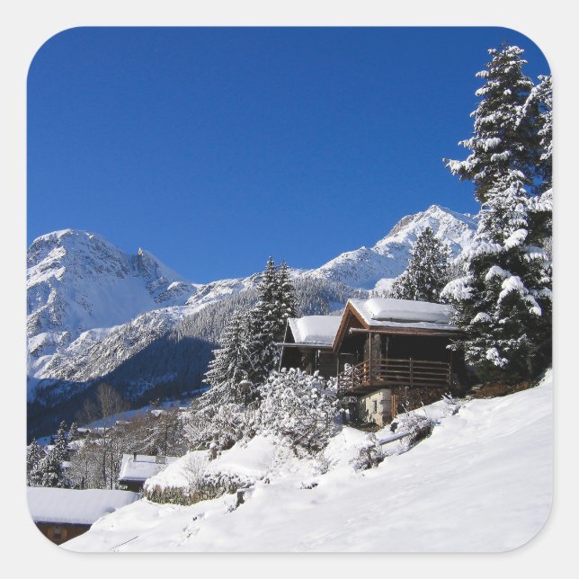 Snow-covered log cabins in Switzerland Square Sticker (Front)