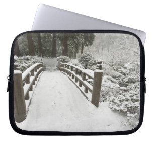 Snow-covered moon bridge, Japanese Garden Laptop Sleeve