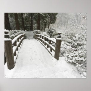 Snow-covered moon bridge, Japanese Garden Poster
