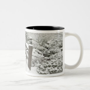 Snow-covered moon bridge, Japanese Garden Two-Tone Coffee Mug