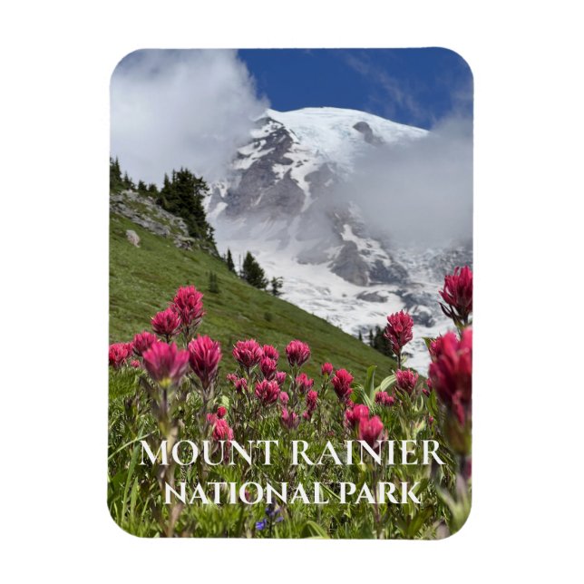 Snow Covered Mount Rainier, Indian Paintbrush Magnet (Vertical)