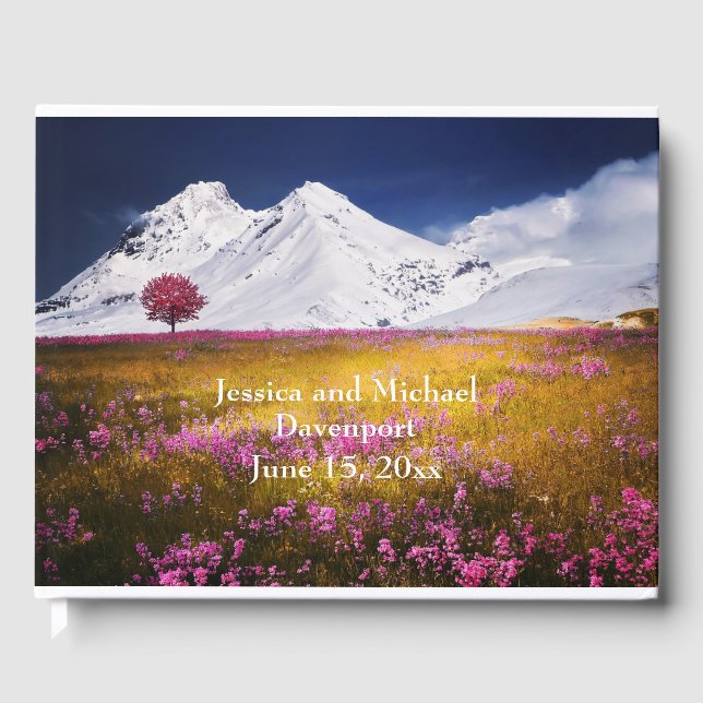 Snow Covered Mountain and Flowers Wedding Guest Book (Front)