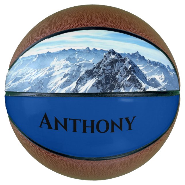 Snow Covered Mountain Basketball with custom name. (Front)