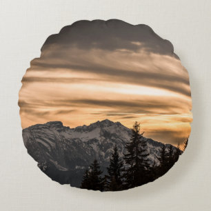 SNOW COVERED MOUNTAIN DURING SUNSET ROUND CUSHION