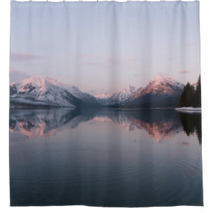 SNOW COVERED MOUNTAIN NEAR LAKE DURING DAYTIME SHOWER CURTAIN