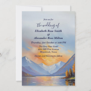 Snow covered mountains and a lake wedding invitation