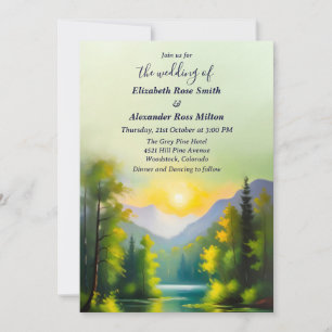 Snow covered mountains and lake landscape wedding invitation