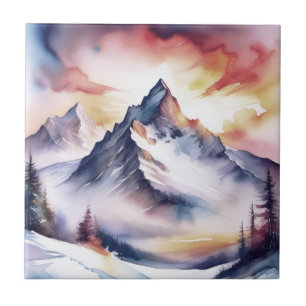 Snow covered mountains and red sky watercolor tile