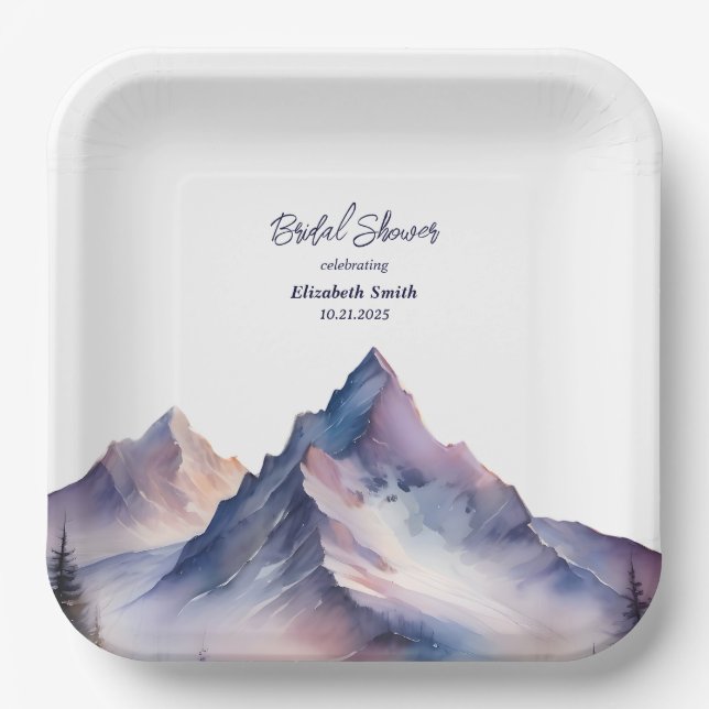 Snow covered mountains landscape bridal shower paper plate (Front)