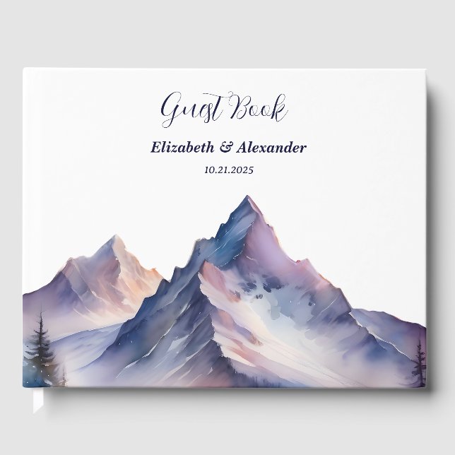 Snow covered mountains landscape wedding guest book (Front)