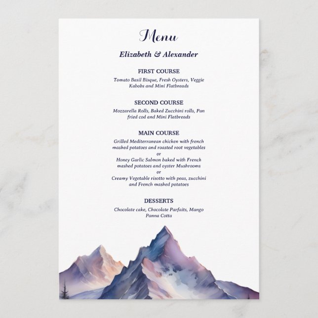 Snow covered mountains landscape wedding menu (Front)