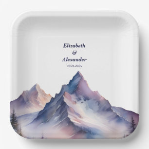 Snow covered mountains landscape wedding paper plate
