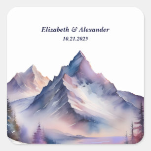 Snow covered mountains landscape wedding square sticker