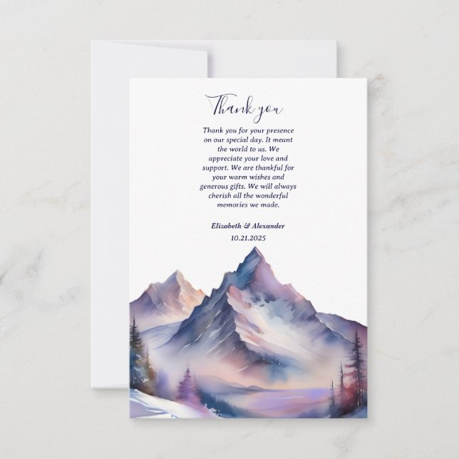 Snow covered mountains landscape wedding thank you card (Front)