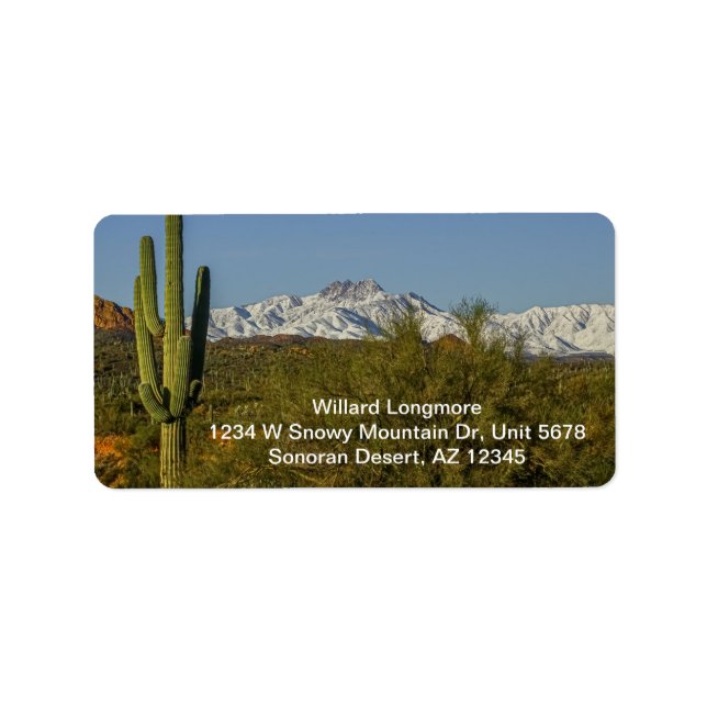 Snow Covered Mountains Saguaro Cactus Arizona USA Label (Front)