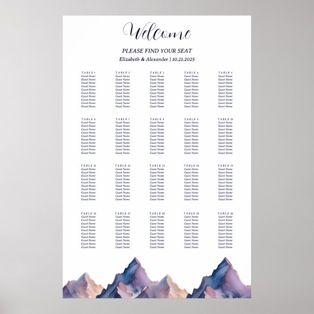 Snow covered mountains wedding seating chart  (Front)