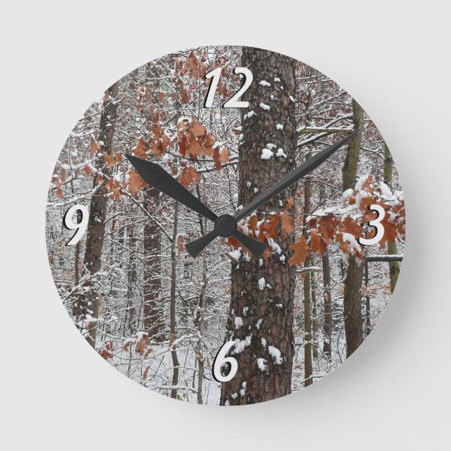 Snow Covered Oak Trees Winter Nature Photography Round Clock (Front)