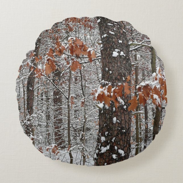 Snow Covered Oak Trees Winter Nature Photography Round Cushion (Front)