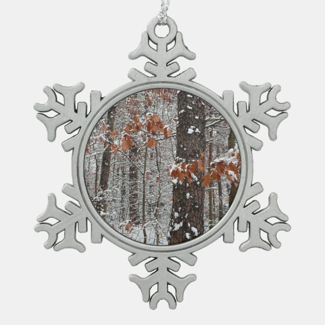 Snow Covered Oak Trees Winter Nature Photography Snowflake Pewter Christmas Ornament (Front)