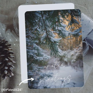 Snow-covered pine branches holiday card
