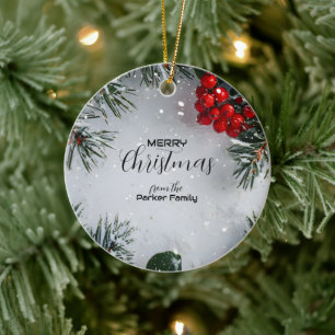 Snow-Covered Pine, Holly Berries, Non Photo Ceramic Tree Decoration