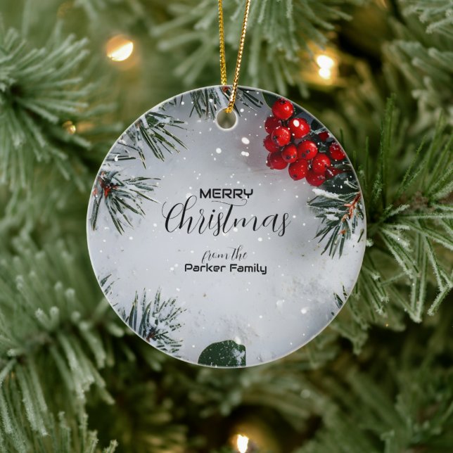 Snow-Covered Pine, Holly Berries, Non Photo Ceramic Tree Decoration (Tree)