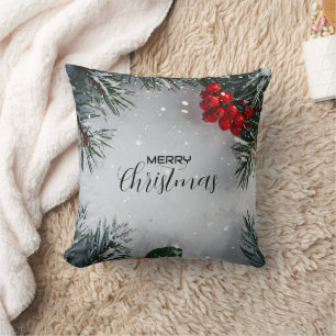 Snow-Covered Pine, Holly Berries, Non Photo Cushion